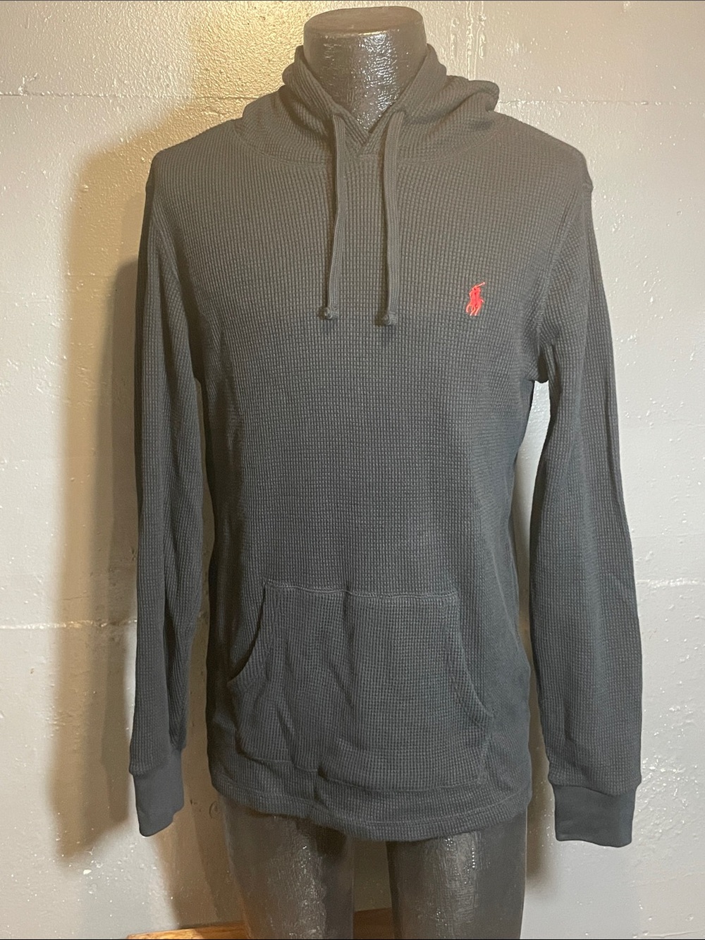 Polo by Ralph Lauren Black Waffle-Knit Hoodie with Red Pony